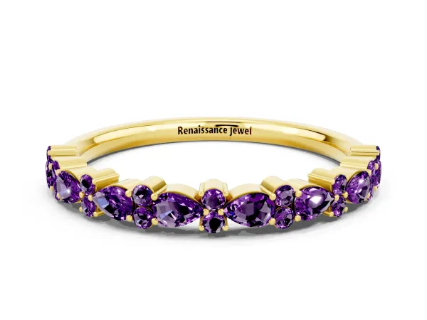 Pear and Round Amethyst Wedding Band Yellow gold