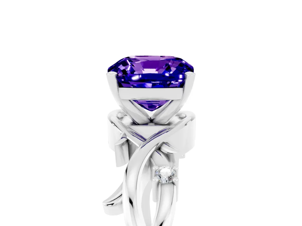 Cushion Cut Tanzanite Solitaire Ring with Twisted Band and Prong Setting Platinum