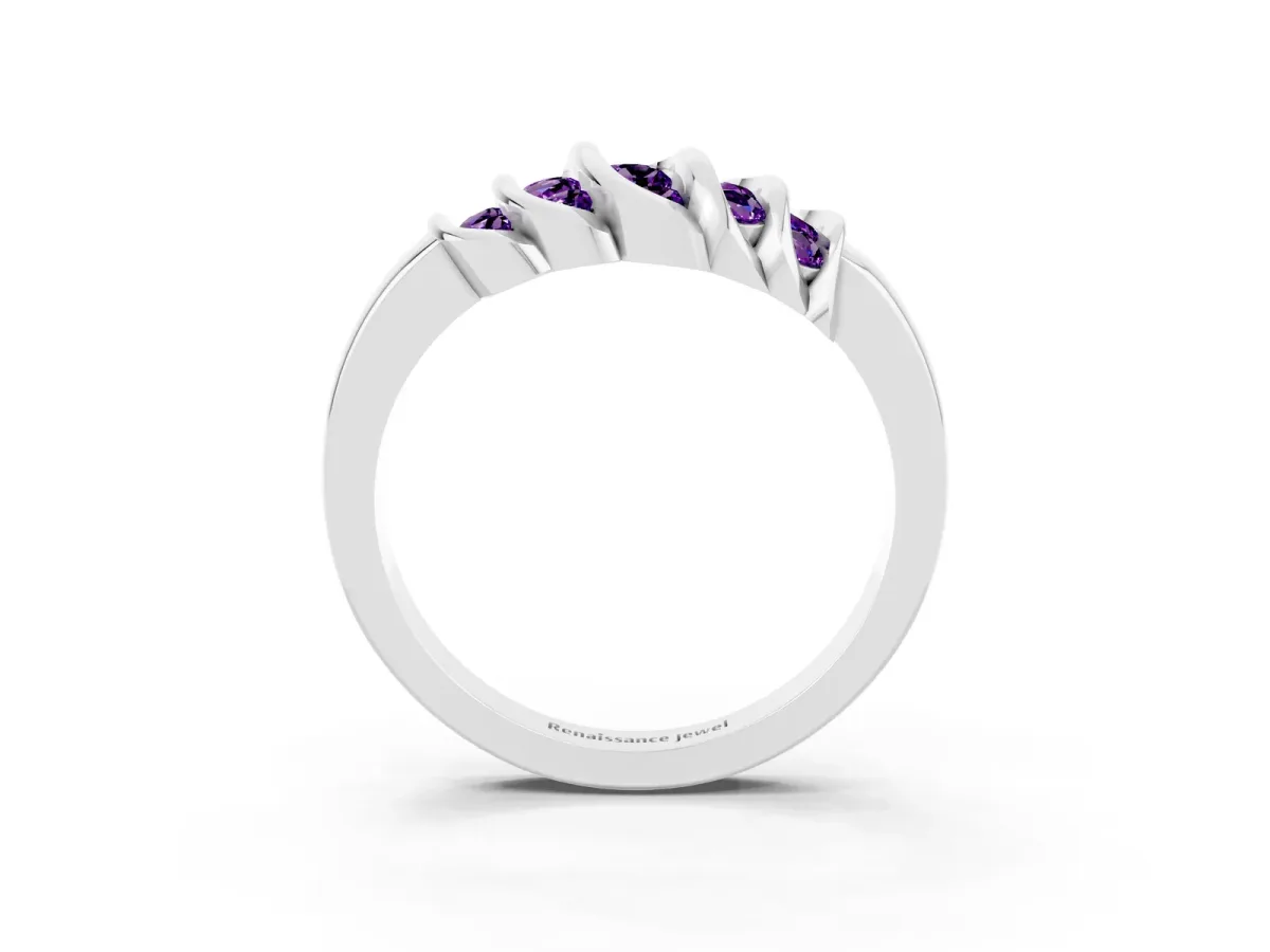 Round Amethyst Multi-Row Crossover Band White gold