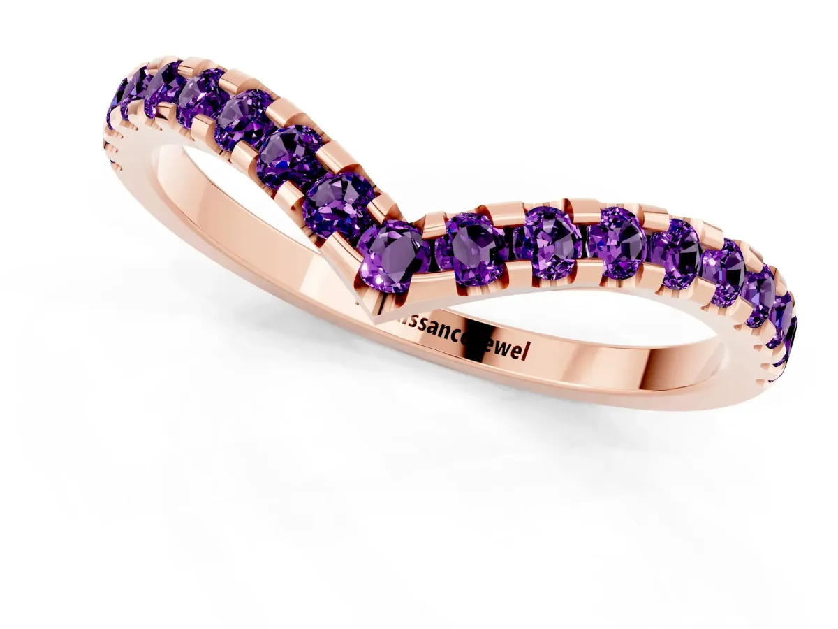 Pavé Round Amethyst Chevron Band with Shared Prong Setting Rose gold