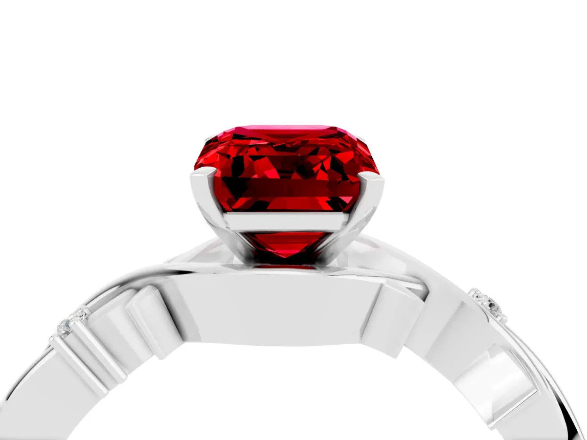 Emerald Cut Ruby Solitaire Ring with Twisted Band and Prong Setting Silver