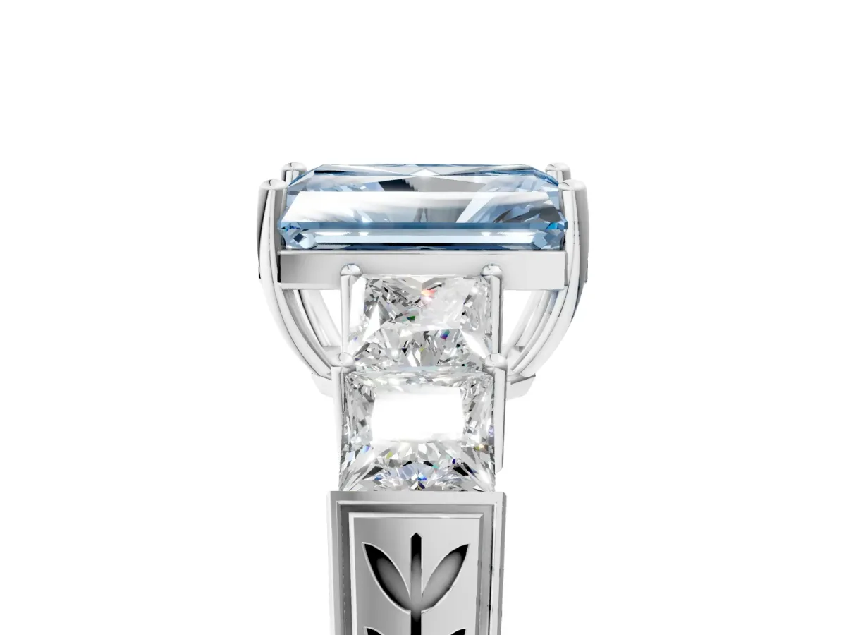 Fancy Blue Radiant Cut Solitaire Princess Side Stone Engraved Band Prong Setting Ring Silver
