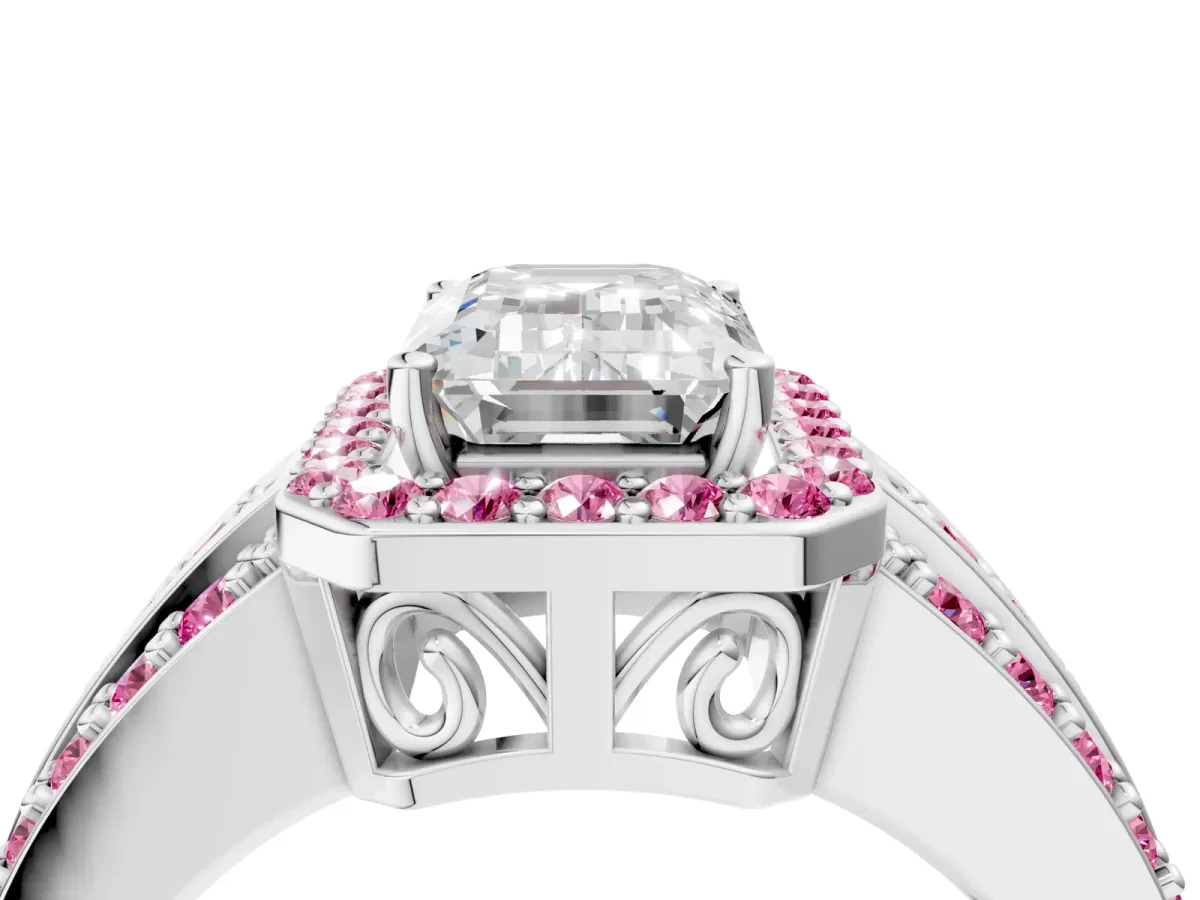 Emerald Cut Halo Diamond Ring with Round Pink Sapphire Split Shank and Prong Setting Silver