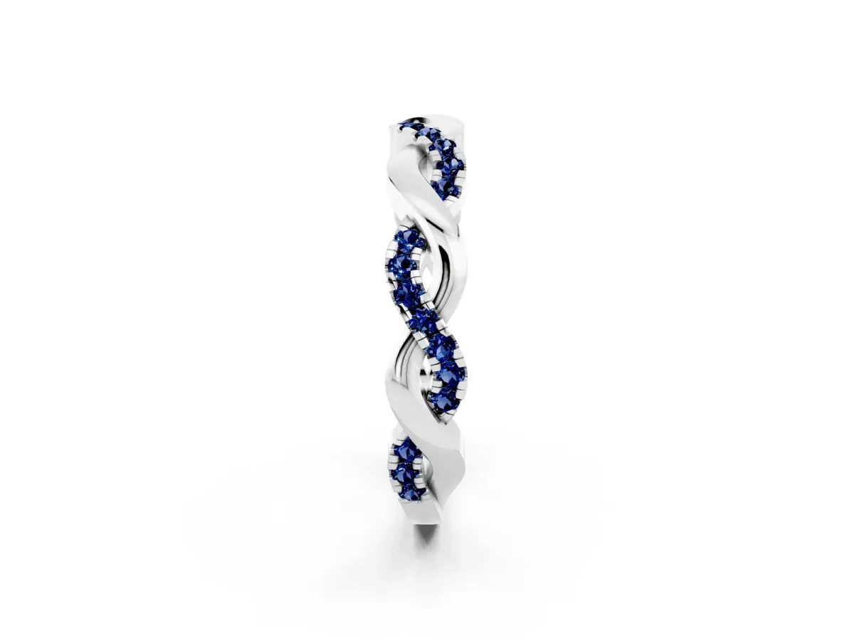 Pavé Round Blue Sapphire Twist Eternity Band with Shared Prong Setting White gold