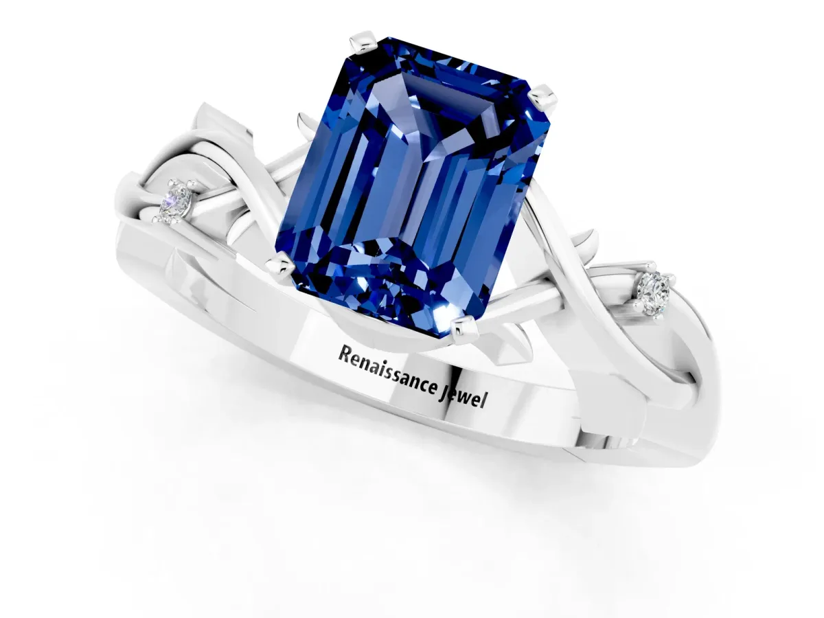 Emerald Cut Blue Sapphire Solitaire Ring with Twisted Band and Prong Setting Silver