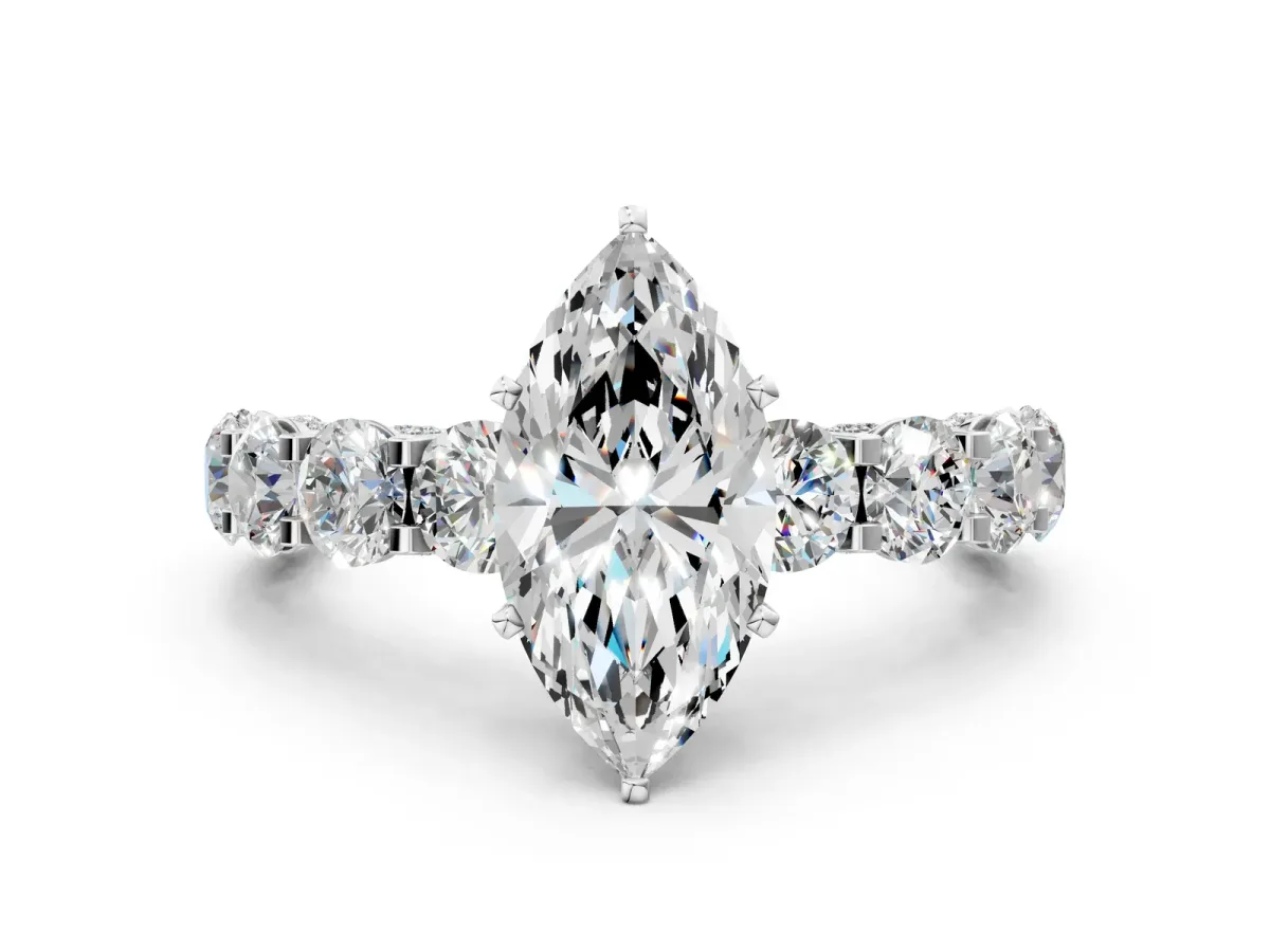 Marquise Cut Diamond Side Stone Engagement Ring with Four-Prong Setting White gold