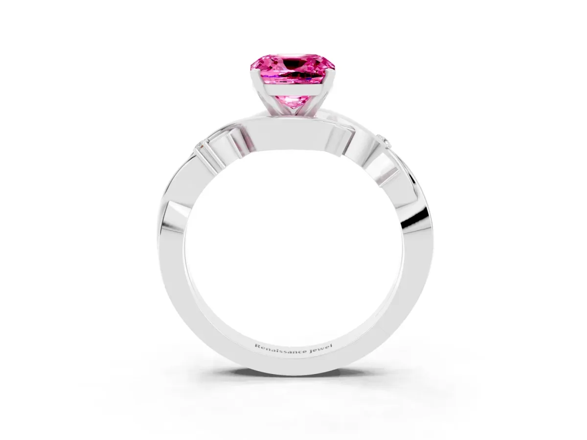 Cushion Cut Pink Sapphire Solitaire Ring with Twisted Band and Prong Setting Silver