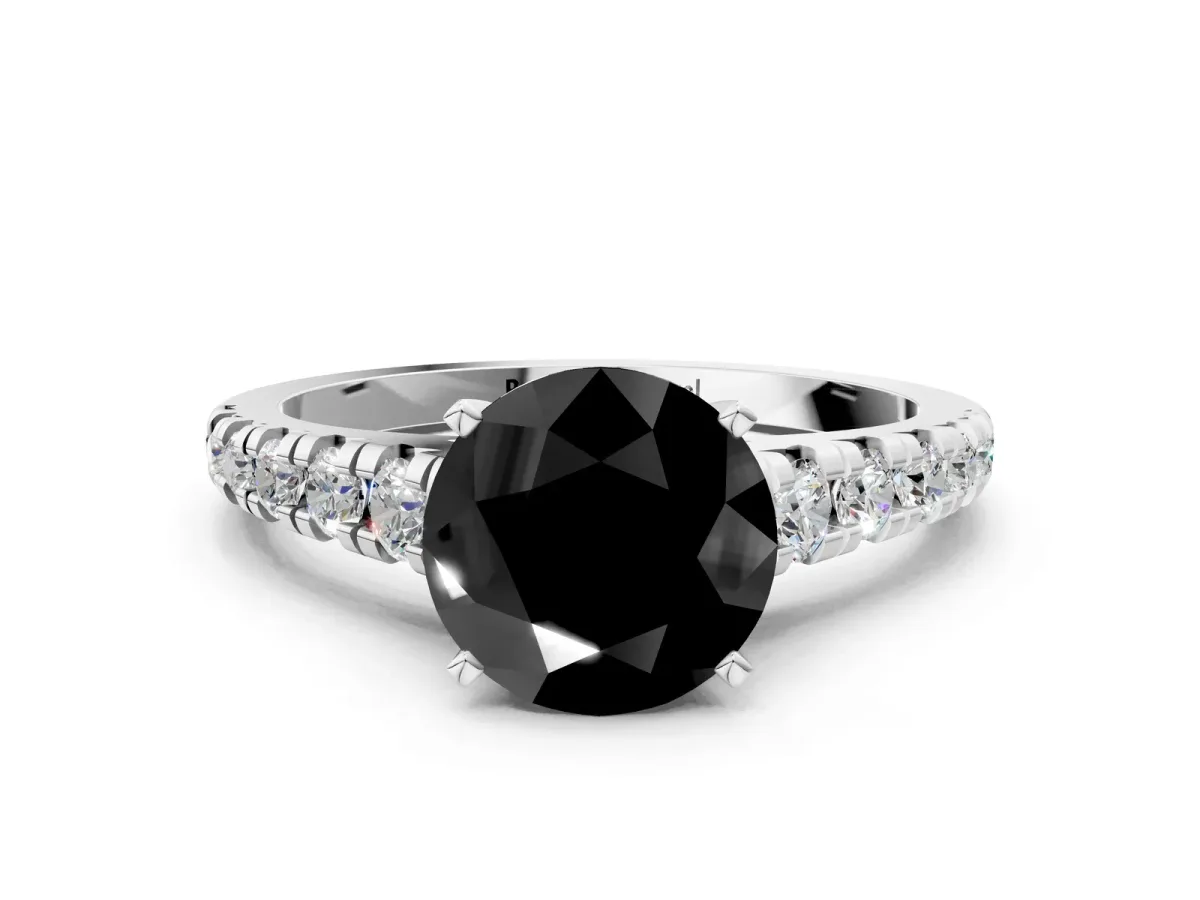 Fancy Black Round Cut Diamond Cathedral Solitaire Ring with Round Pavé Band Silver