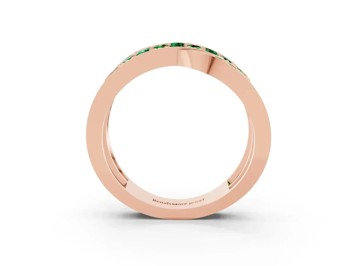 Pavé Round Emerald Crossover Band with Bead Prong Setting Rose gold
