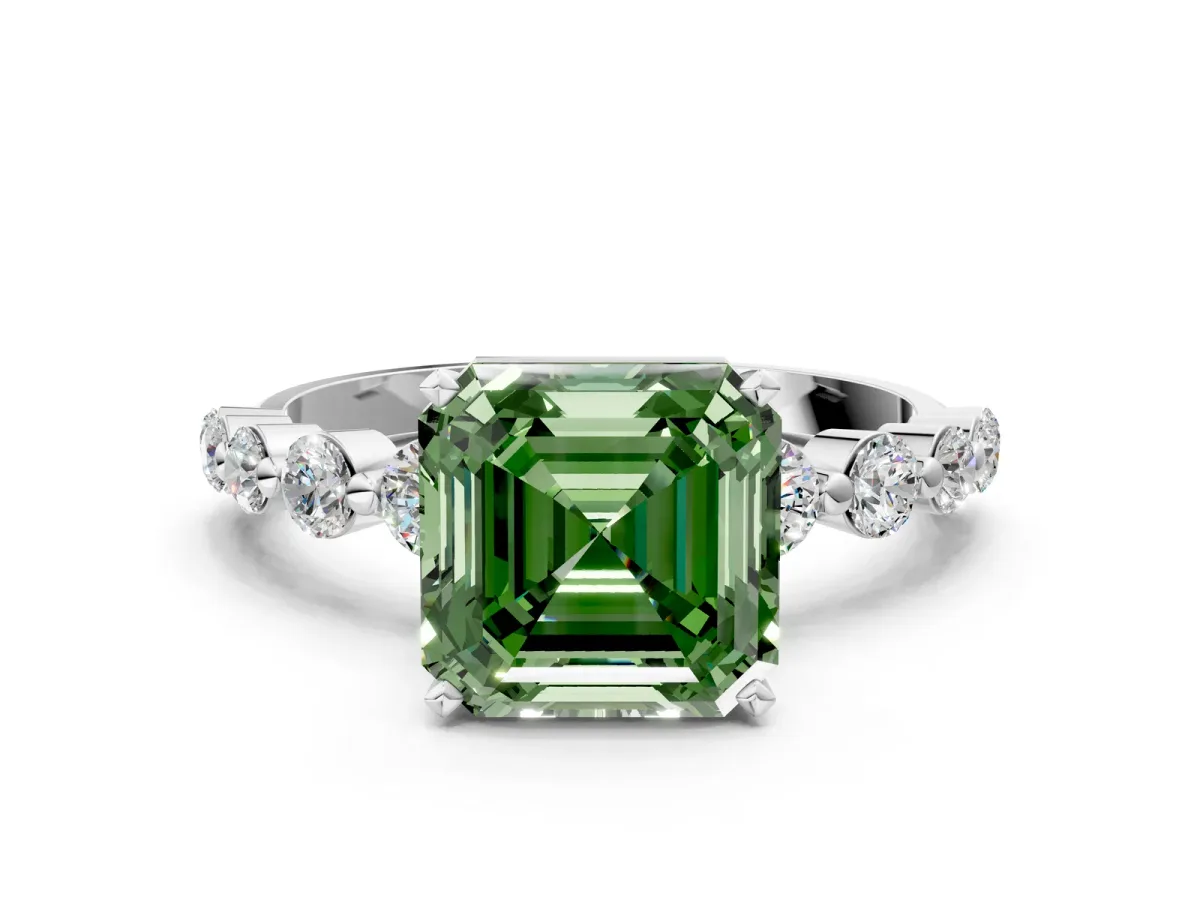 Fancy Green Asscher Cut Solitaire Diamond Ring with Pave Band and Four-Prong Setting Silver