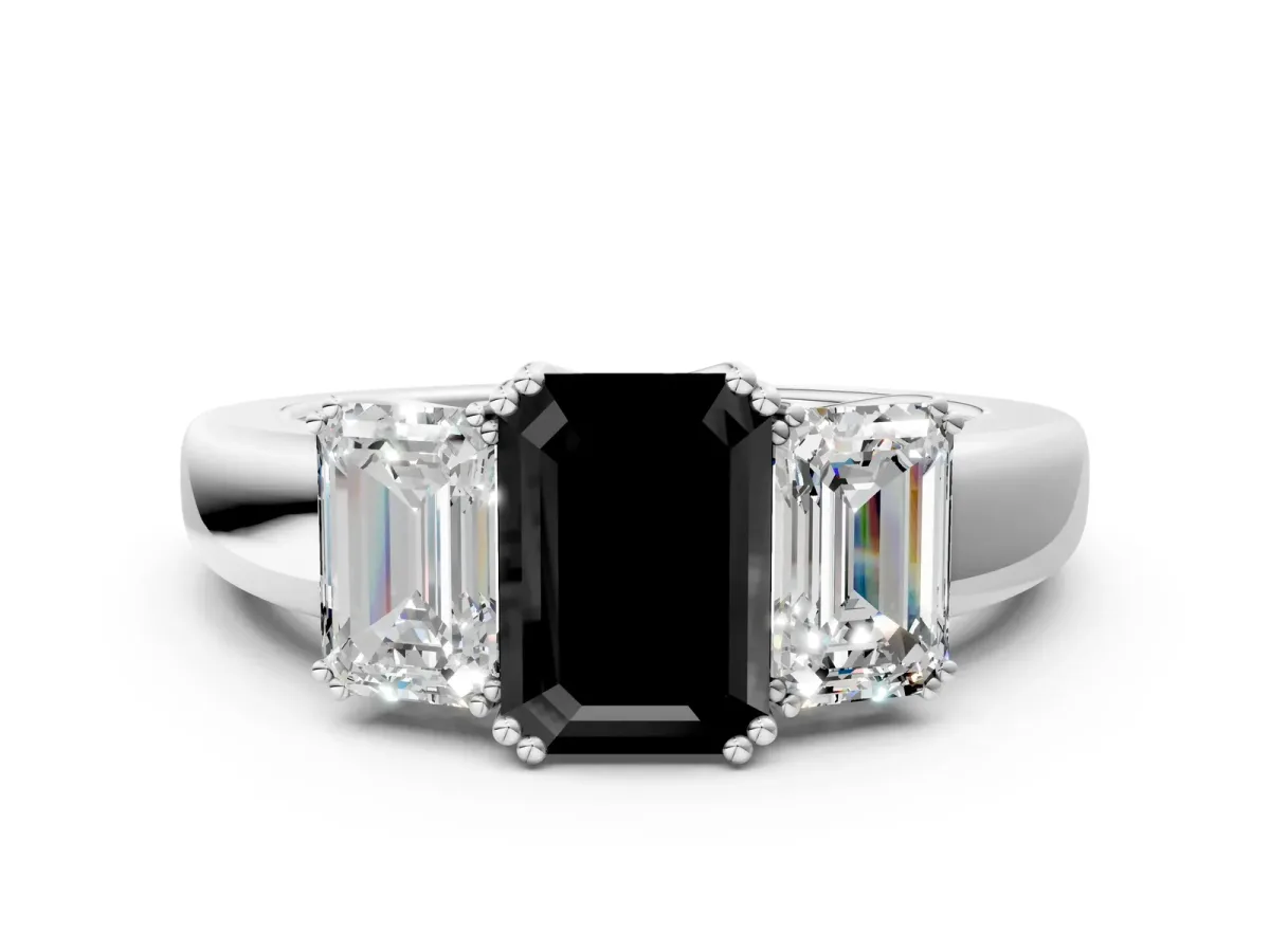 Fancy Black Three-Stone Emerald Cut Cut Diamond Ring with Channel Set Band and Four-Prong Setting Silver