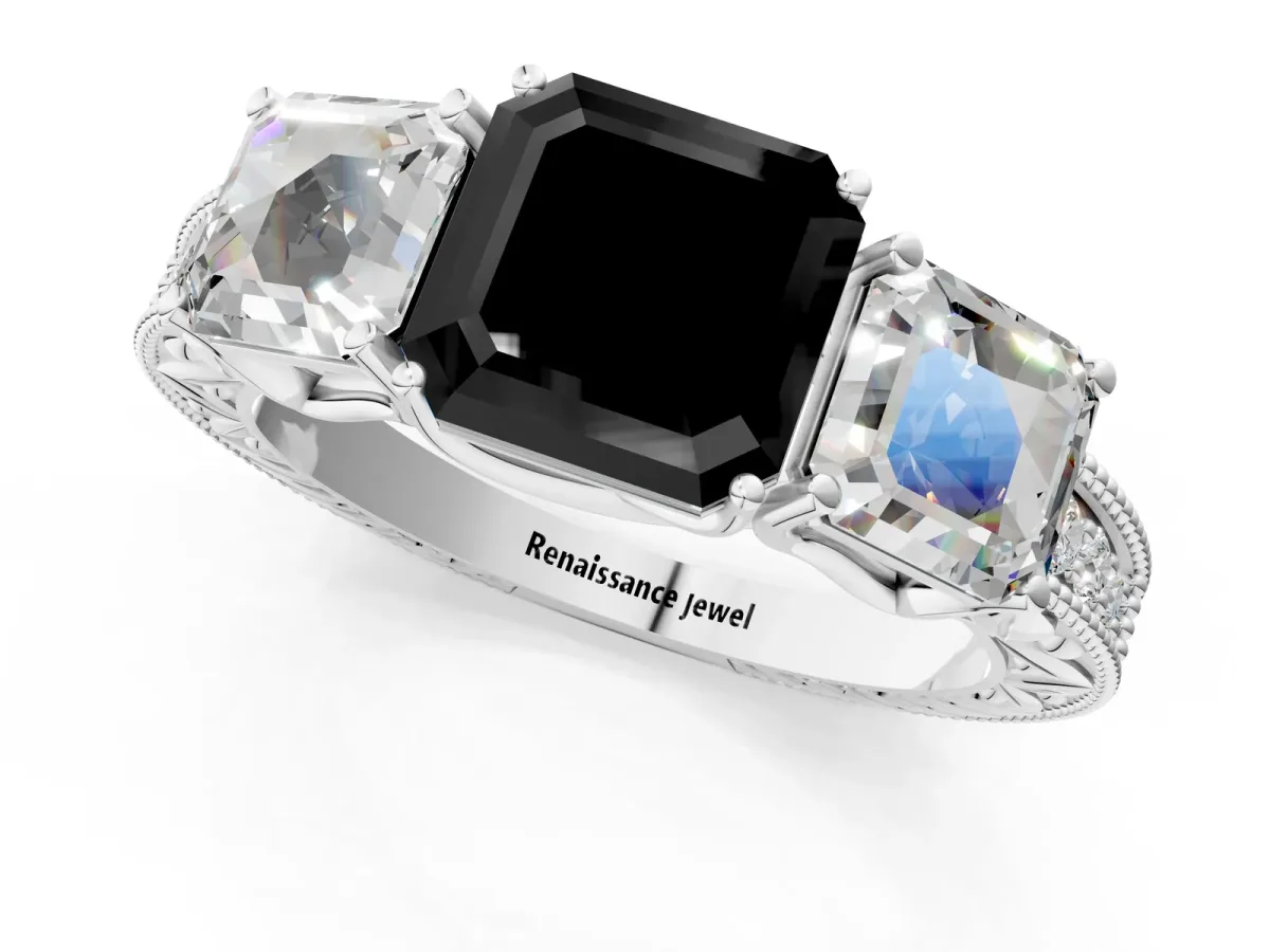Fancy Black Three-Stone Asscher Cut Cut Milgrain Pavé Engagement Ring Platinum