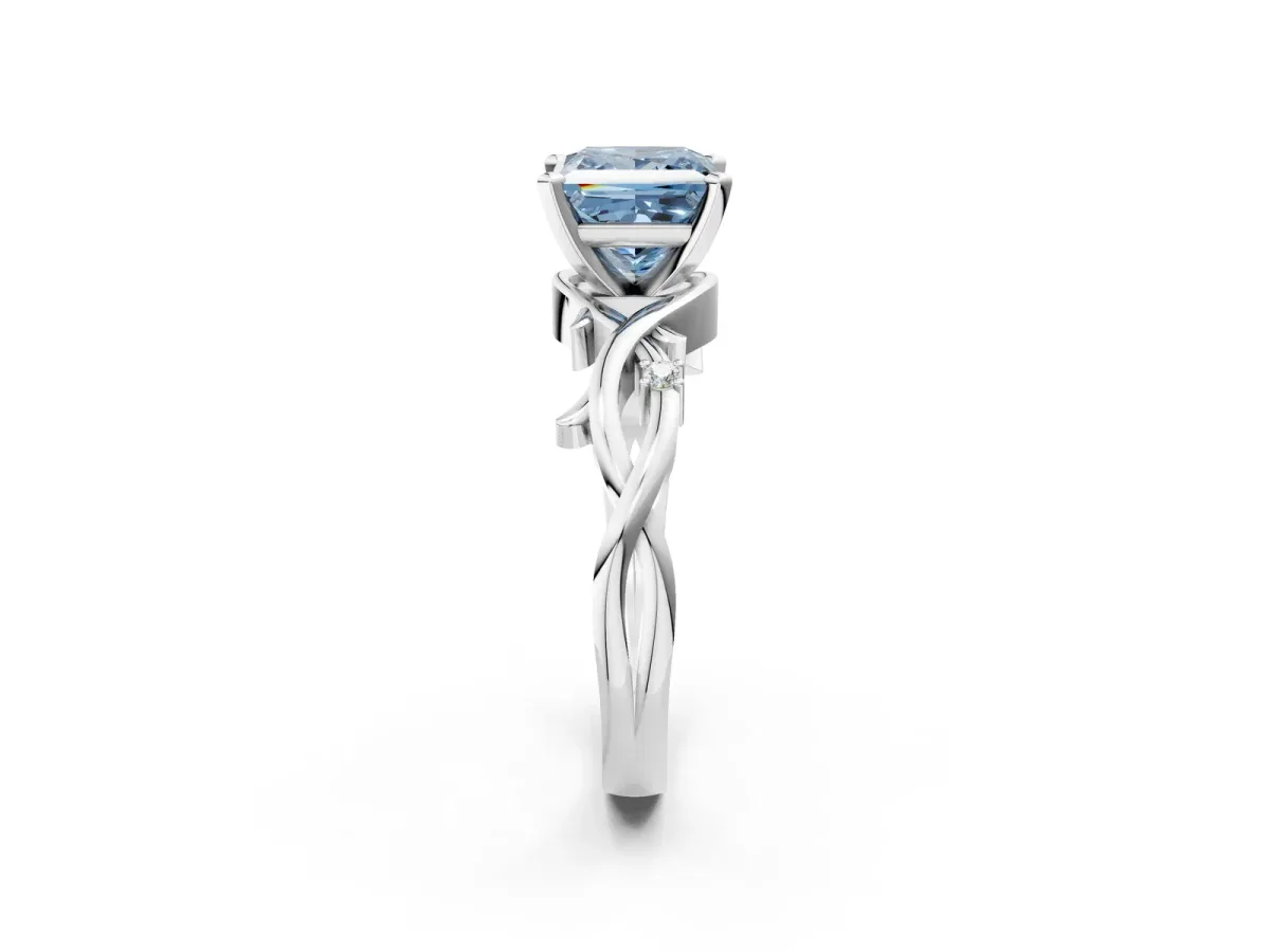 Fancy Blue Princess Cut Diamond Solitaire Ring with Twisted Band and Prong Setting Platinum