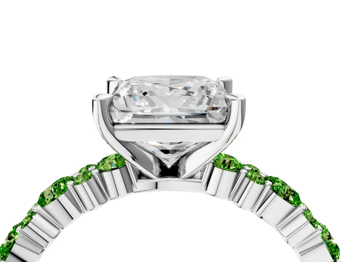 Princess Cut Diamond Side Stone Solitaire Ring with Round Peridot and Four-Prong Setting Platinum