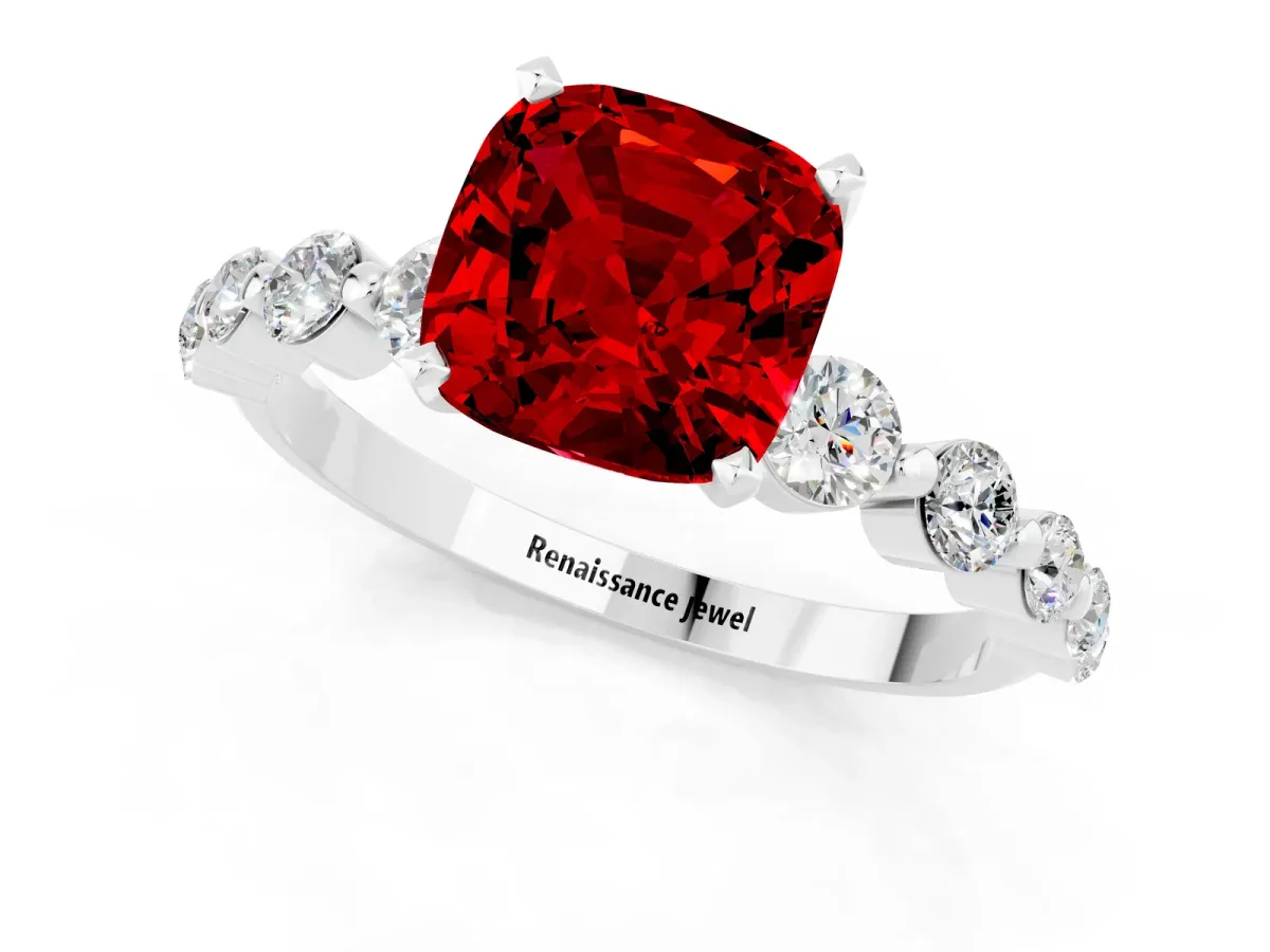 Cushion Cut Solitaire Ruby Ring with Pave Band and Four-Prong Setting Platinum