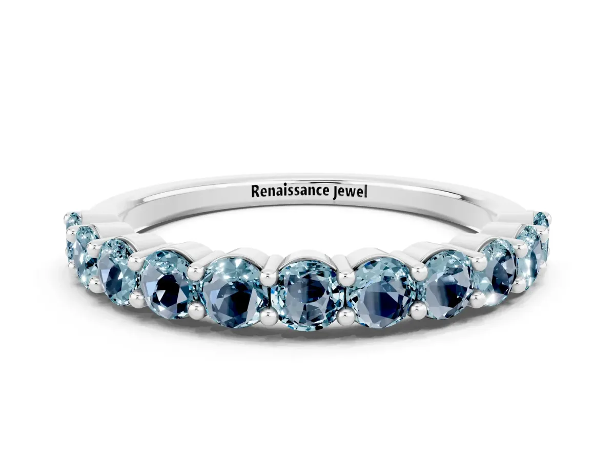 Round Aquamarine Half Eternity Band with Prong Setting Platinum