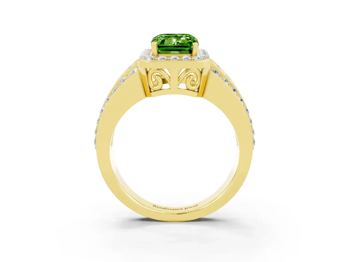 Emerald Cut Halo Peridot Ring with Round Split Shank and Prong Setting Yellow gold