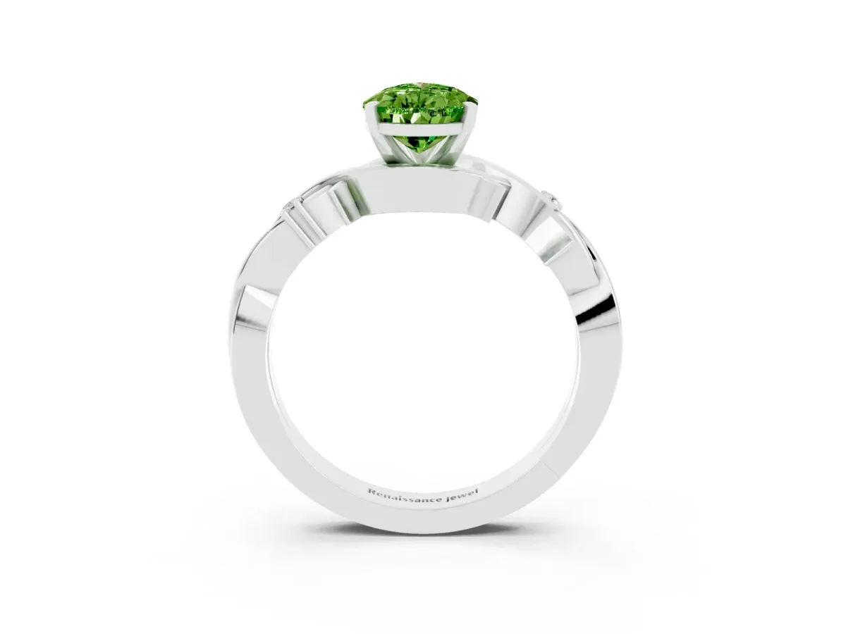 Pear Cut Peridot Solitaire Ring with Twisted Band and Prong Setting White gold