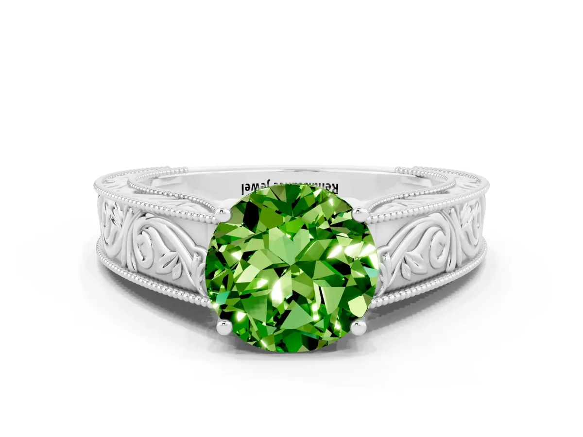Round Cut Peridot Solitaire Ring with Engraved Band and Four-Prong Setting White gold