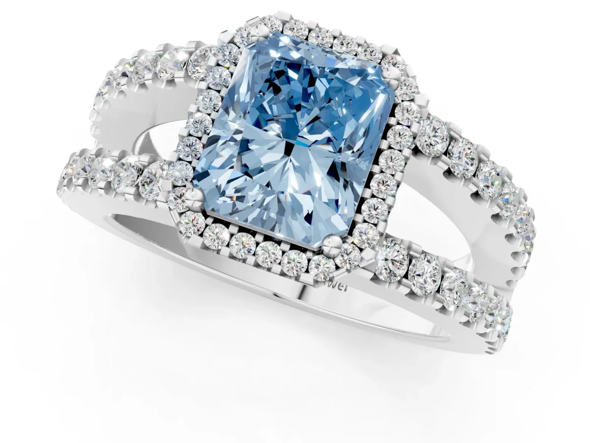 Fancy Blue Radiant Cut Cut Halo Split Shank Diamond Ring with Four-Prong Setting Platinum