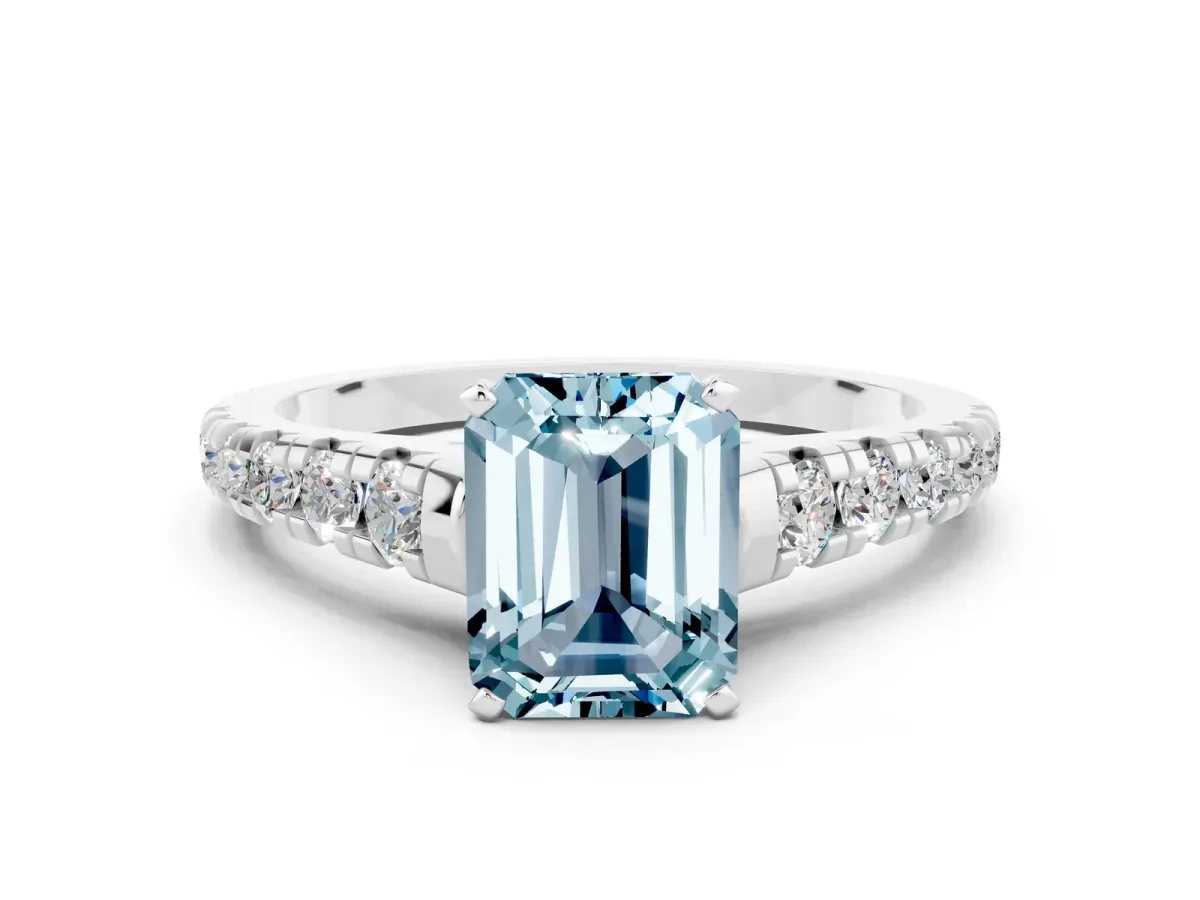 Emerald Cut Aquamarine Cathedral Solitaire Ring with Round Pavé Band Silver