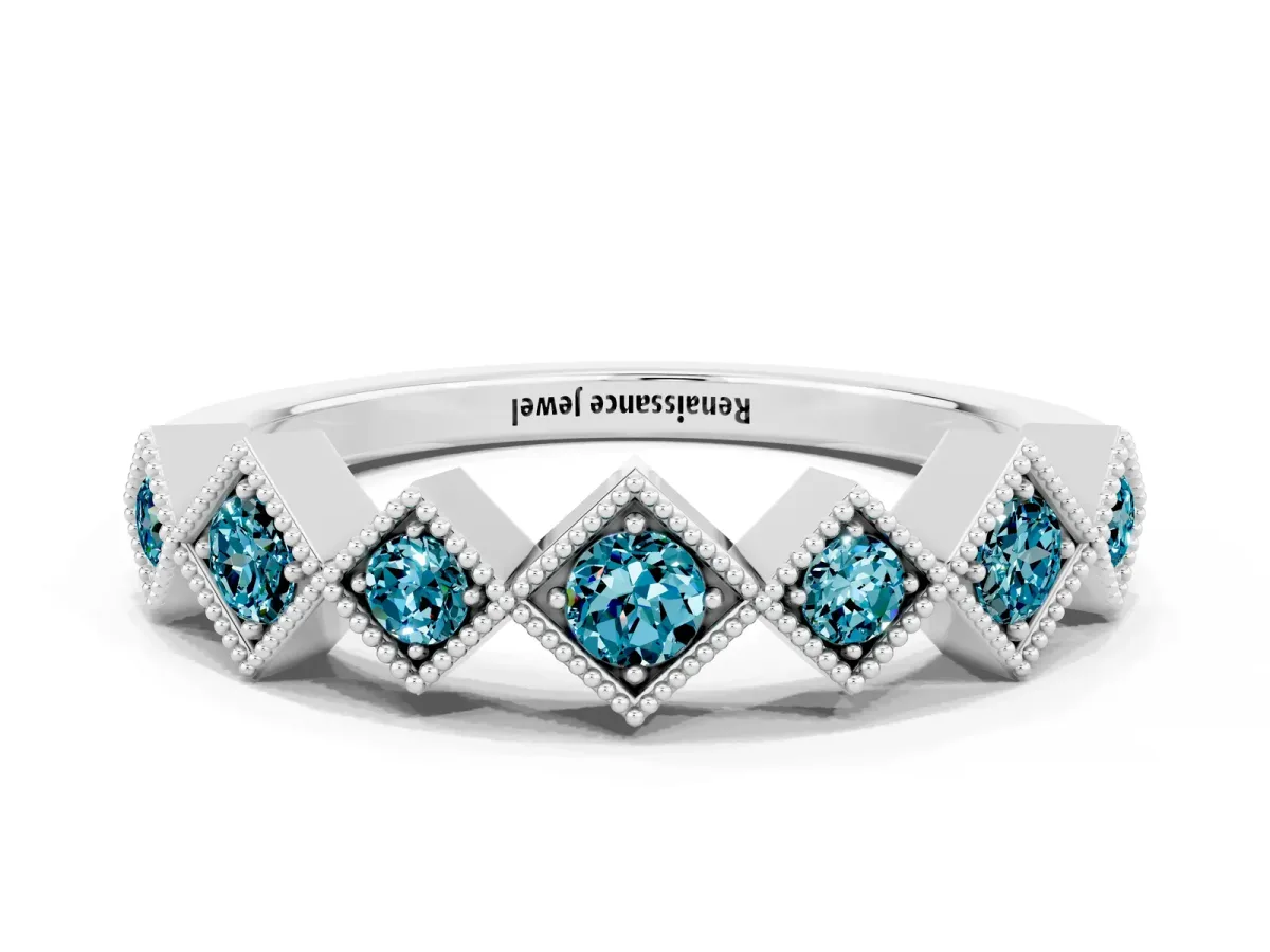 Milgrain Square Bezel Round Blue Topaz Chevron Band White gold