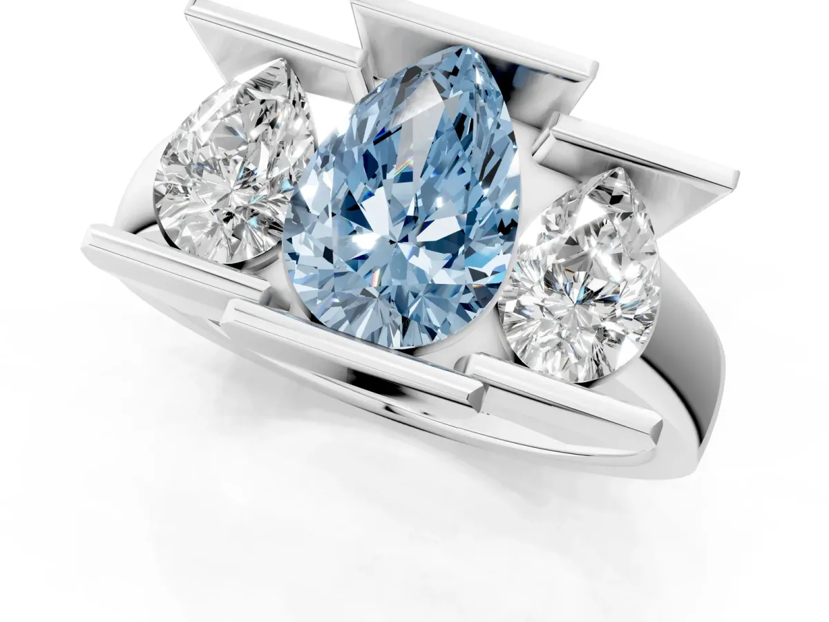 Fancy Blue Three Stone Pear Cut Cut Channel Set Diamond Ring Silver