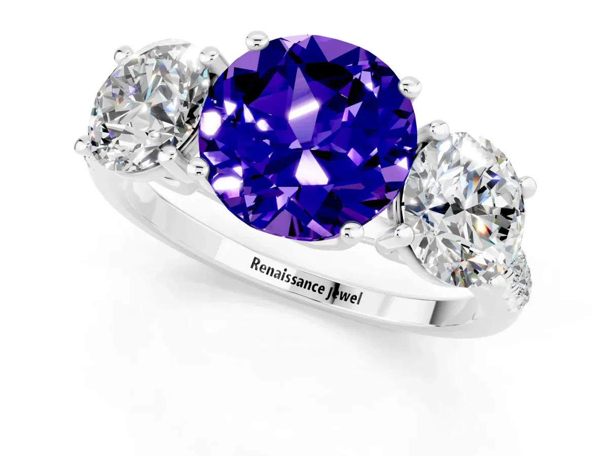 Three-Stone Round Cut Tanzanite Ring with Round Pavé Band and Prong Setting Silver
