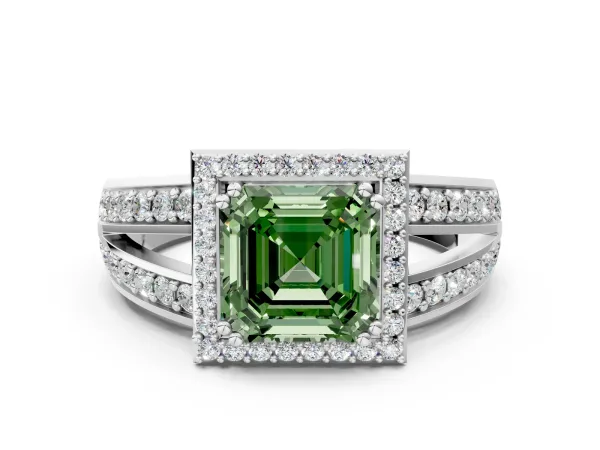 Fancy Green Asscher Cut Diamond Halo Ring with Split Shank Pavé Band and Four-Prong Setting Platinum