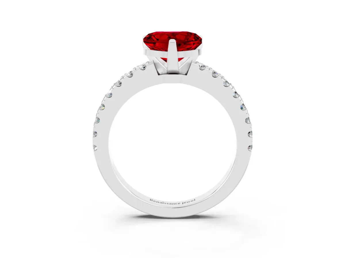 Heart Cut Solitaire Ruby with Pavé Band and Four-Prong Setting Silver