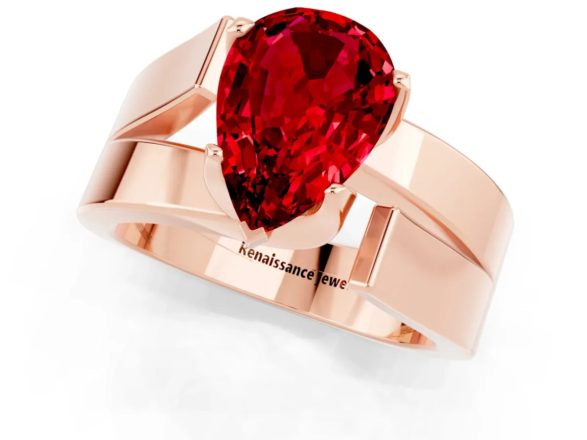 Modern Tension Set Pear Cut Ruby Solitaire Wide Band Ring Rose gold