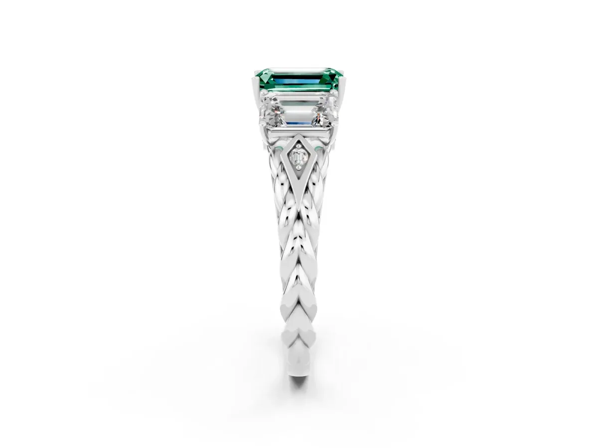 Three-Stone Emerald Cut Green Sapphire Braided Band Ring with Four-Prong Setting Silver