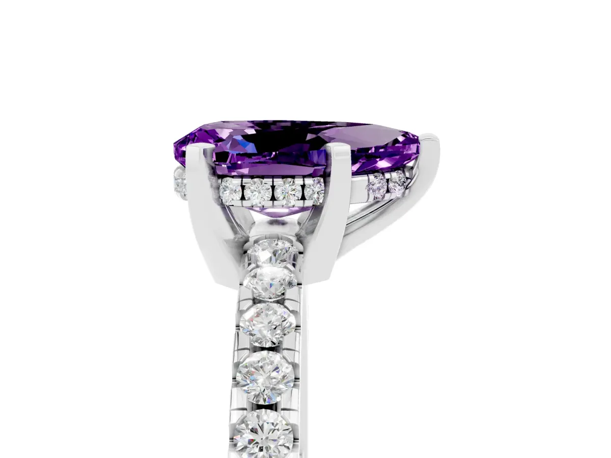 Pear Cut Amethyst Solitaire Ring with Round Pavé Band and Four-Prong Setting Silver