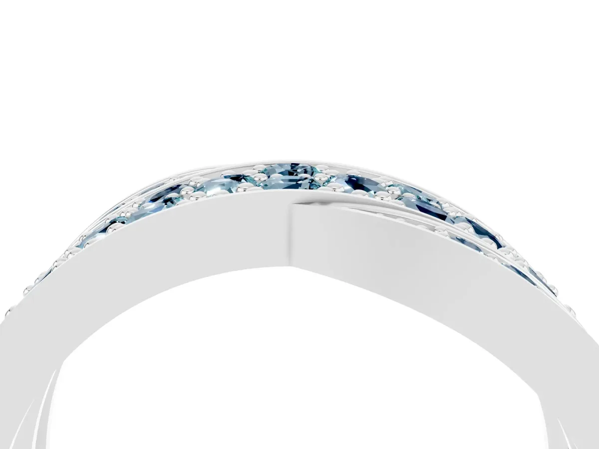 Pavé Round Aquamarine Crossover Band with Bead Prong Setting Silver