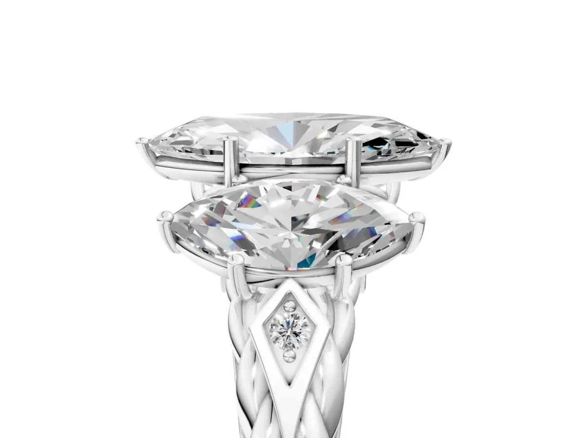 Three-Stone Marquise Cut Diamond Braided Band Ring with Four-Prong Setting White gold