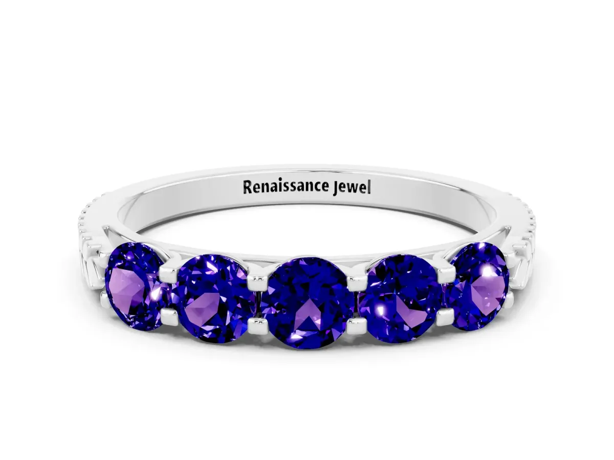 Five-Stone Round Tanzanite Prong-Set Band Silver