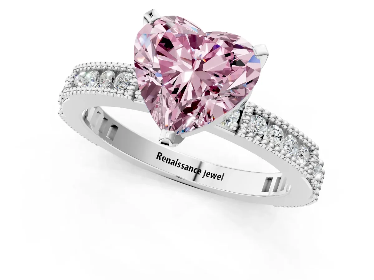 Fancy Pink Heart Cut Solitaire with Pavé Band and Four-Prong Setting Silver