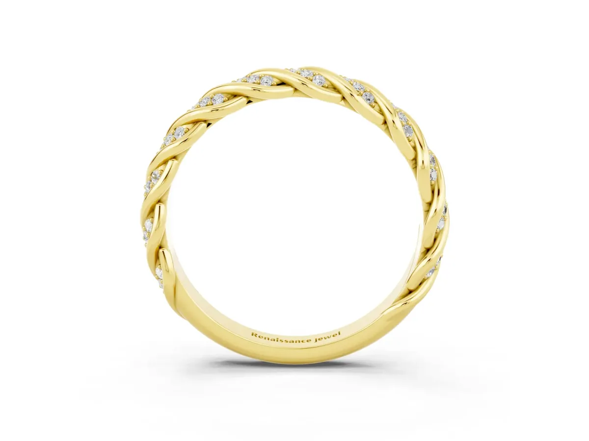 Twisted Pavé Round Moissanite Eternity Band with Shared Prong Setting Yellow gold