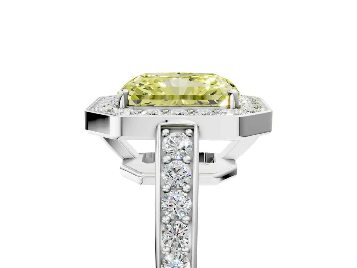Fancy Yellow Radiant Cut Halo Pavé Diamond Engagement Ring with Bezel Setting Silver