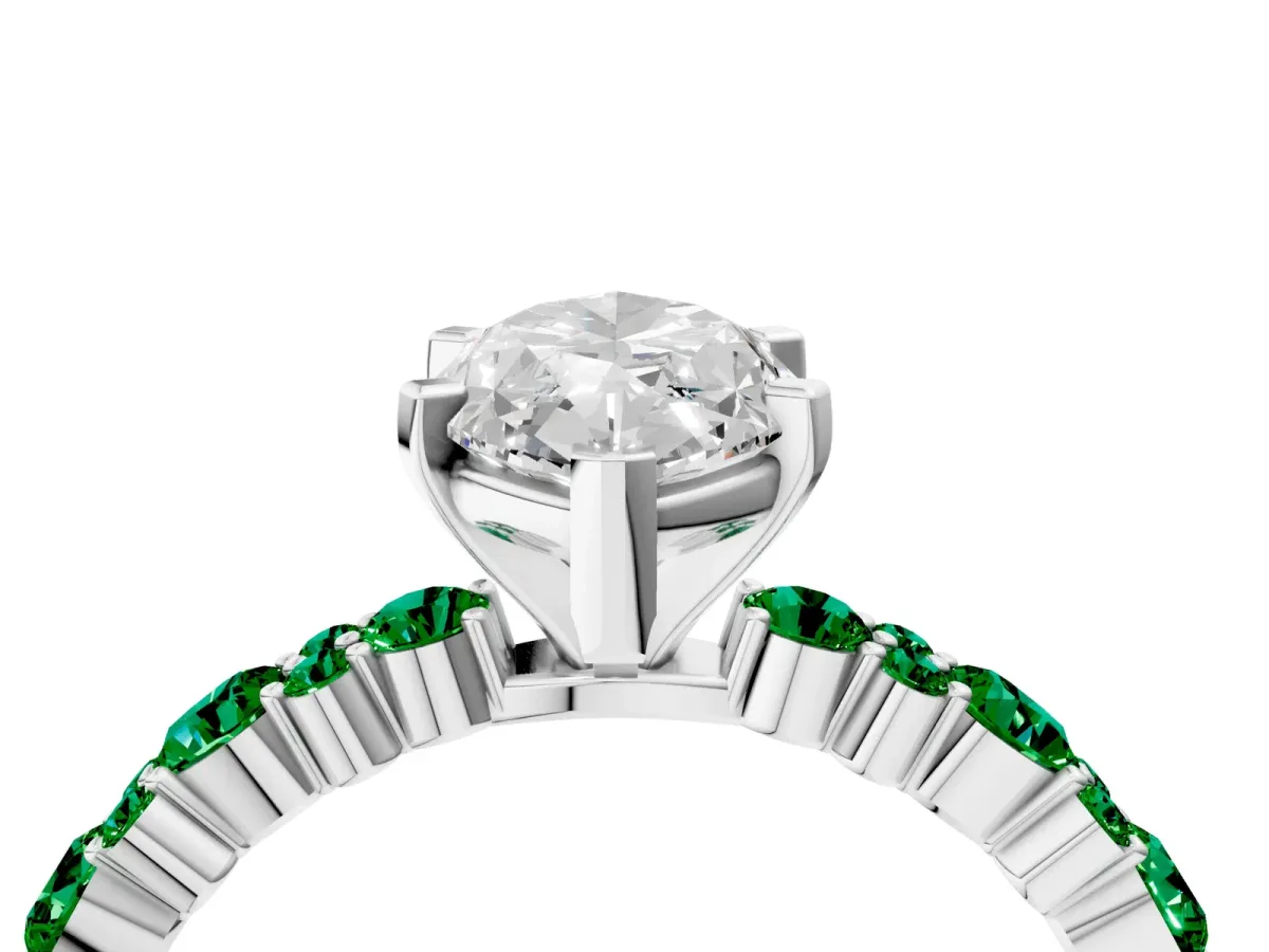 Marquise Cut Diamond Side Stone Solitaire Ring with Round Emerald and Four-Prong Setting Platinum