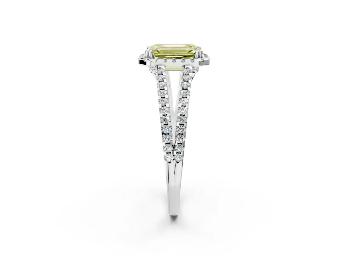 Fancy Yellow Emerald Cut Diamond Halo Split Shank Engagement Ring Platinum