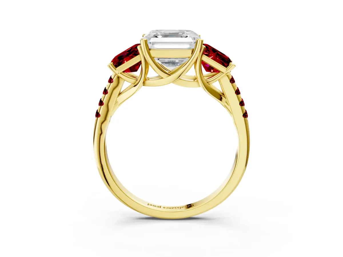 Three-Stone Asscher Cut Diamond Ring with Round Ruby Pavé Band and Prong Setting Yellow gold