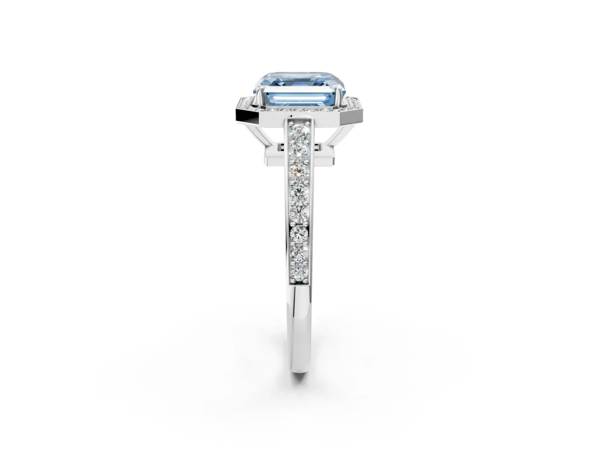 Fancy Blue Asscher Cut Halo Pavé Diamond Engagement Ring with Bezel Setting Silver