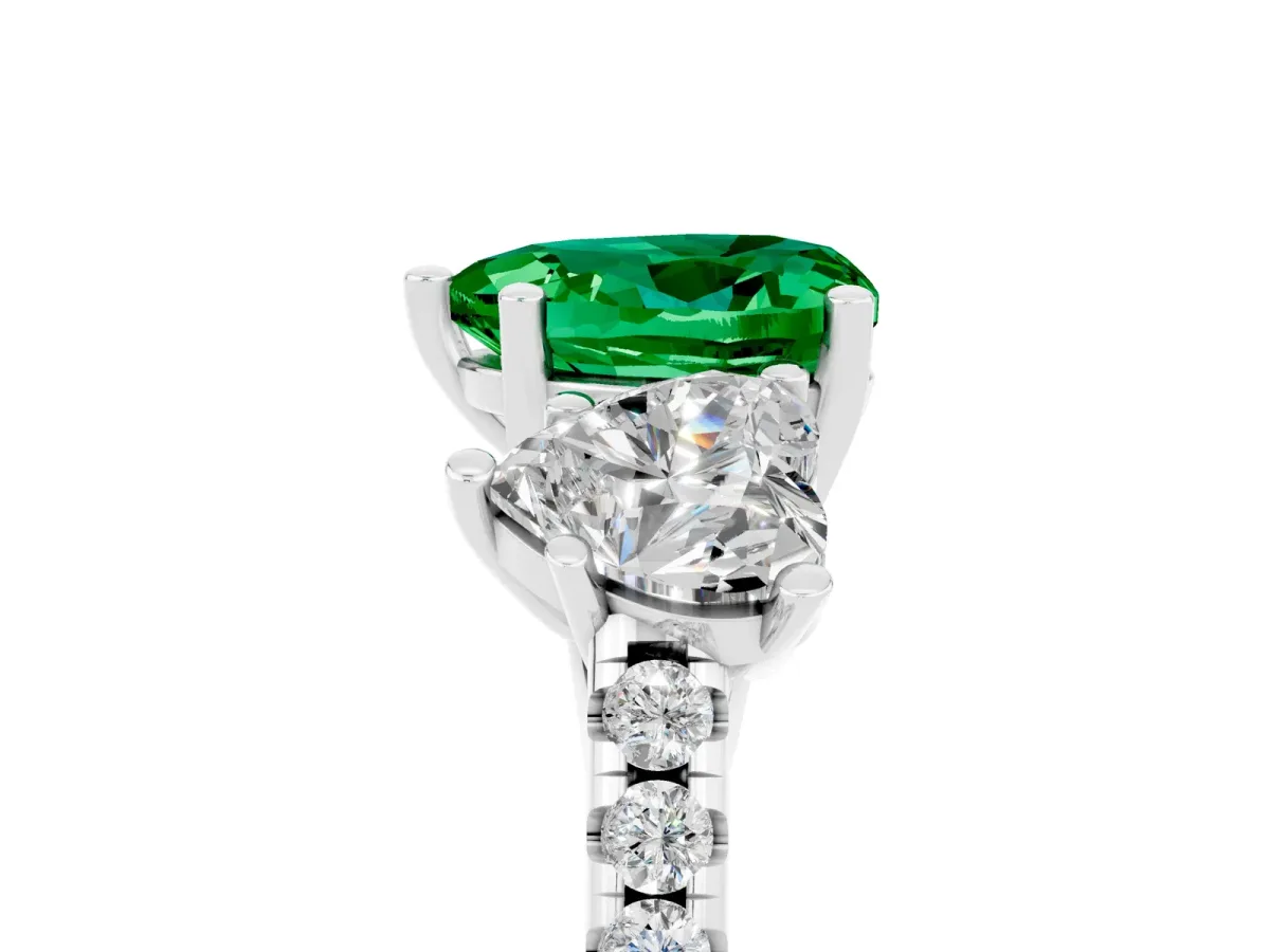 Three-Stone Heart Cut Emerald Ring with Round Pavé Band and Prong Setting Silver