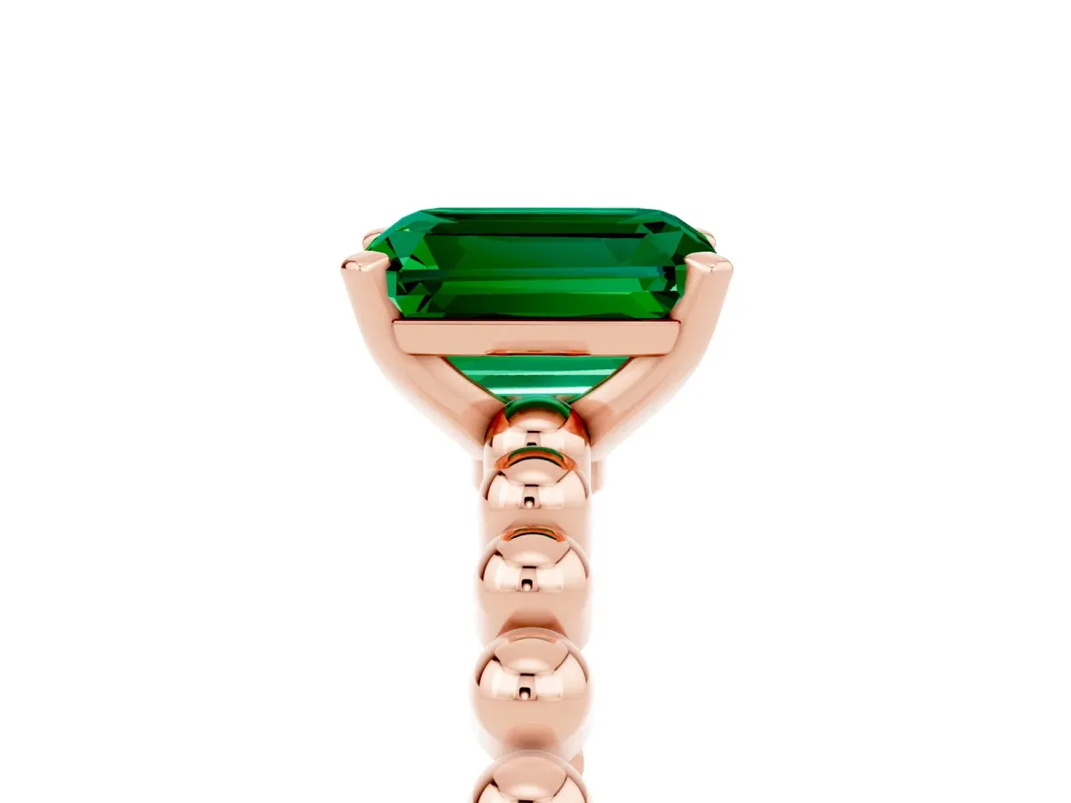 Emerald Cut Emerald Solitaire Ring with Beaded Band and Prong Setting Rose gold