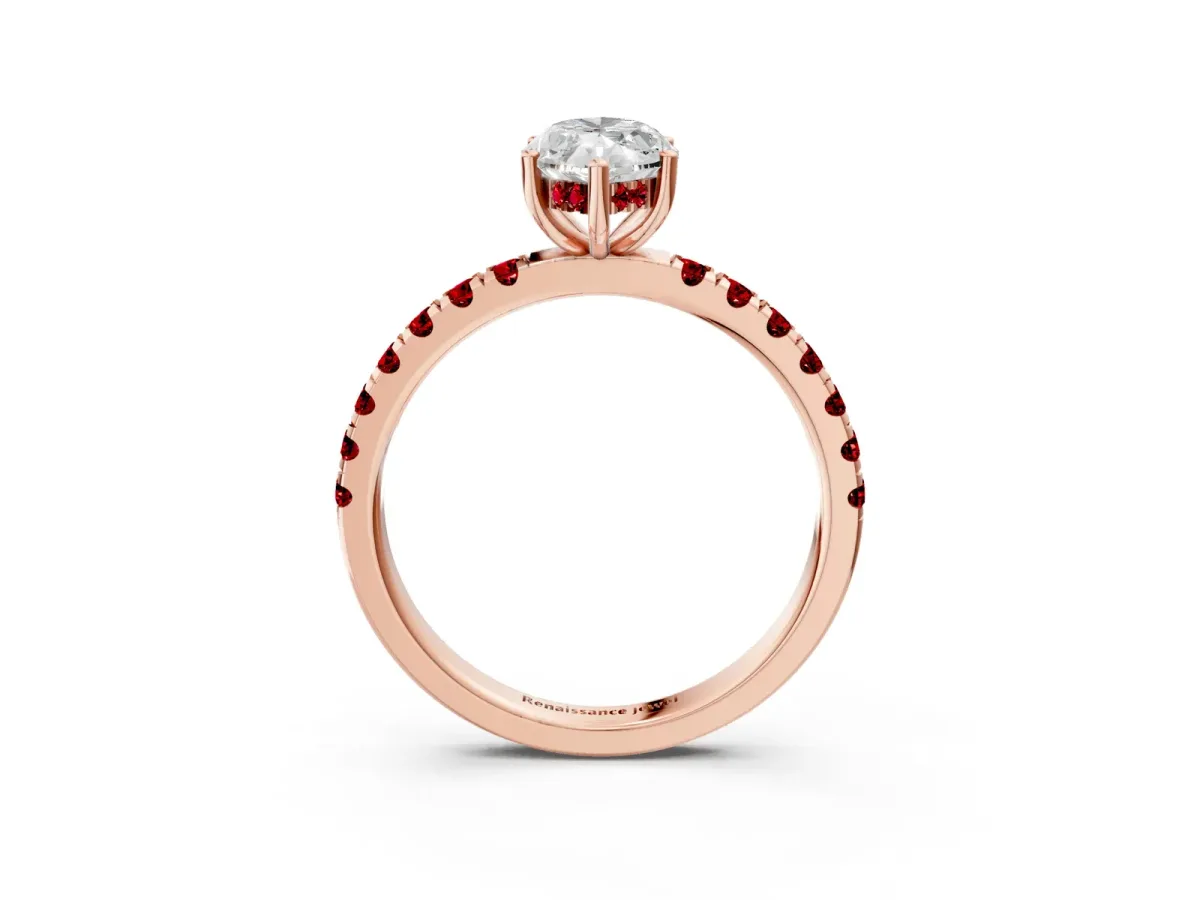 Marquise Cut Diamond Pave Band Solitaire Ring with Round Ruby and Prong Setting Rose gold