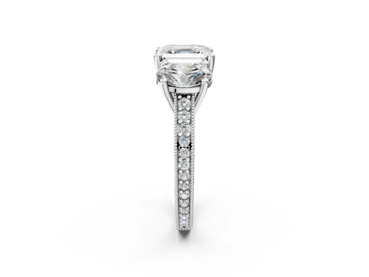 Three-Stone Asscher Cut Diamond Milgrain Pave Band with Prong Setting Platinum