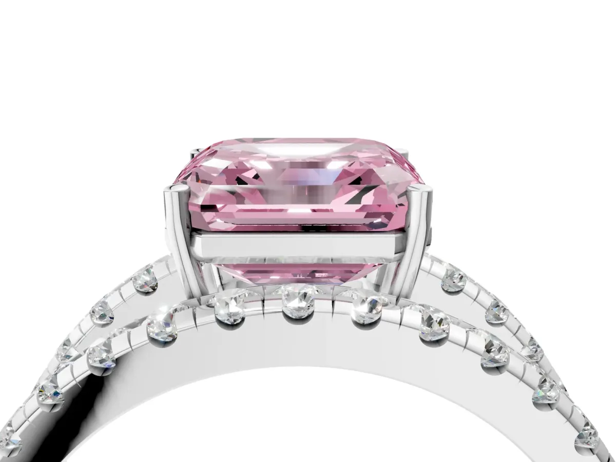 Fancy Pink Asscher Cut Solitaire Split Shank Pave Diamond Ring Platinum