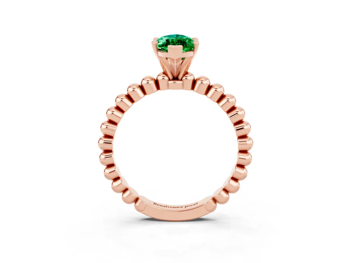 Marquise Cut Emerald Solitaire Ring with Beaded Band and Prong Setting Rose gold