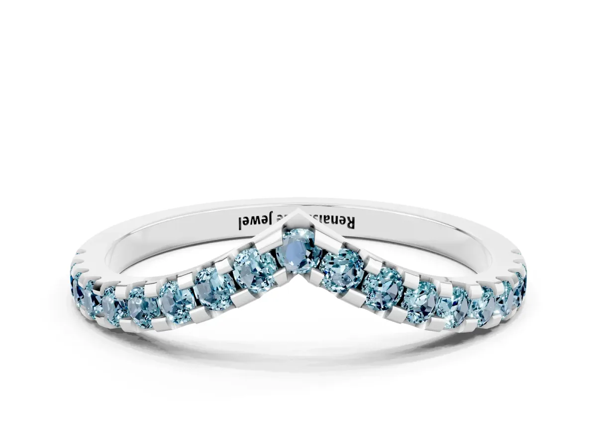 Pavé Round Aquamarine Chevron Band with Shared Prong Setting Platinum